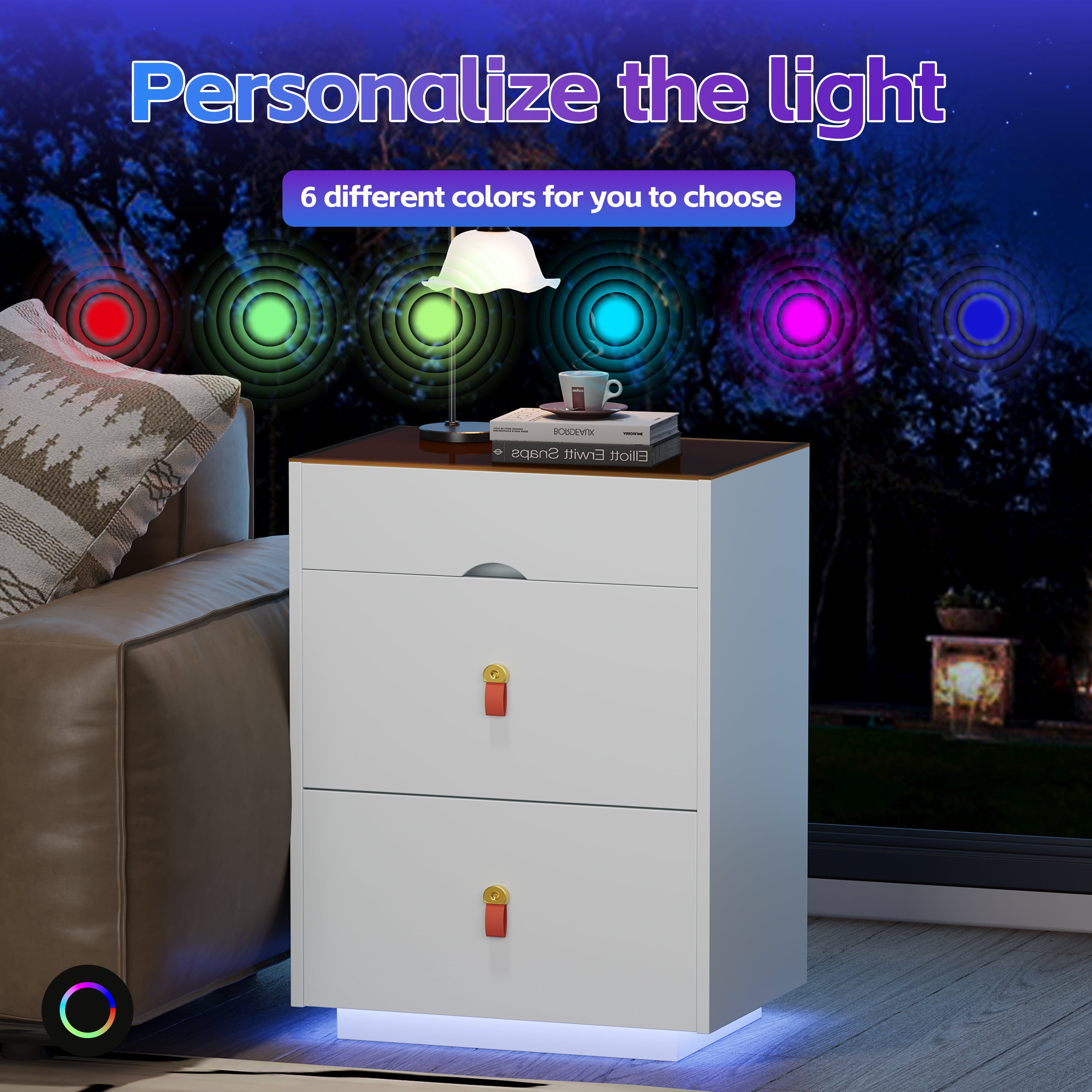Aukfa 3 Drawer Dresser, Bedside Table Nightstand w/Glass Top Jewelry Storage LED Light for Cloakroom/Bedroom/Livingroom,White