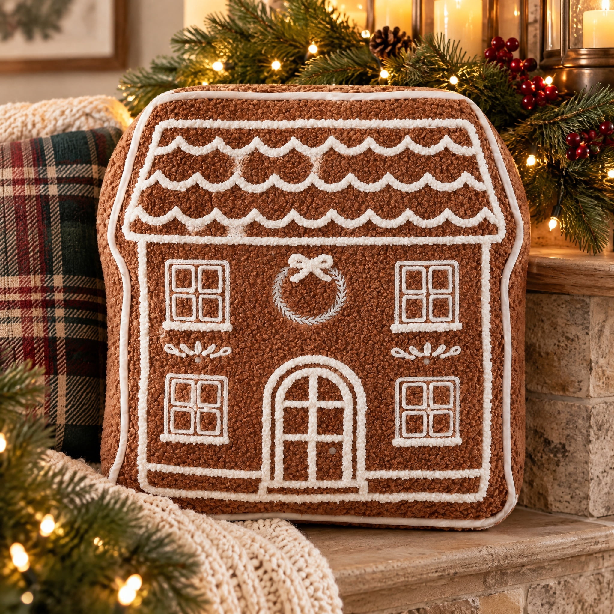 My Texas House Gingerbread House Decorative Christmas Pillow, Brown and White, 15" x 14"