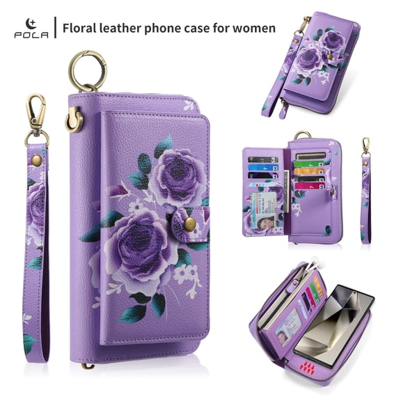Allytechgroup Floral Series Wallet Case for Samsung Galaxy S26 Ultra, RFID Blocking Large Capacity Ring Holder Hand Strap Lanyard Detachable Cover for Women, Purple