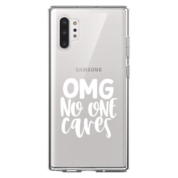 DistinctInk Clear Shockproof Hybrid Case for Galaxy Note 10 PLUS (6.8" Screen) - TPU Bumper Acrylic Back Tempered Glass Screen Protector - OMG No One Cares - White