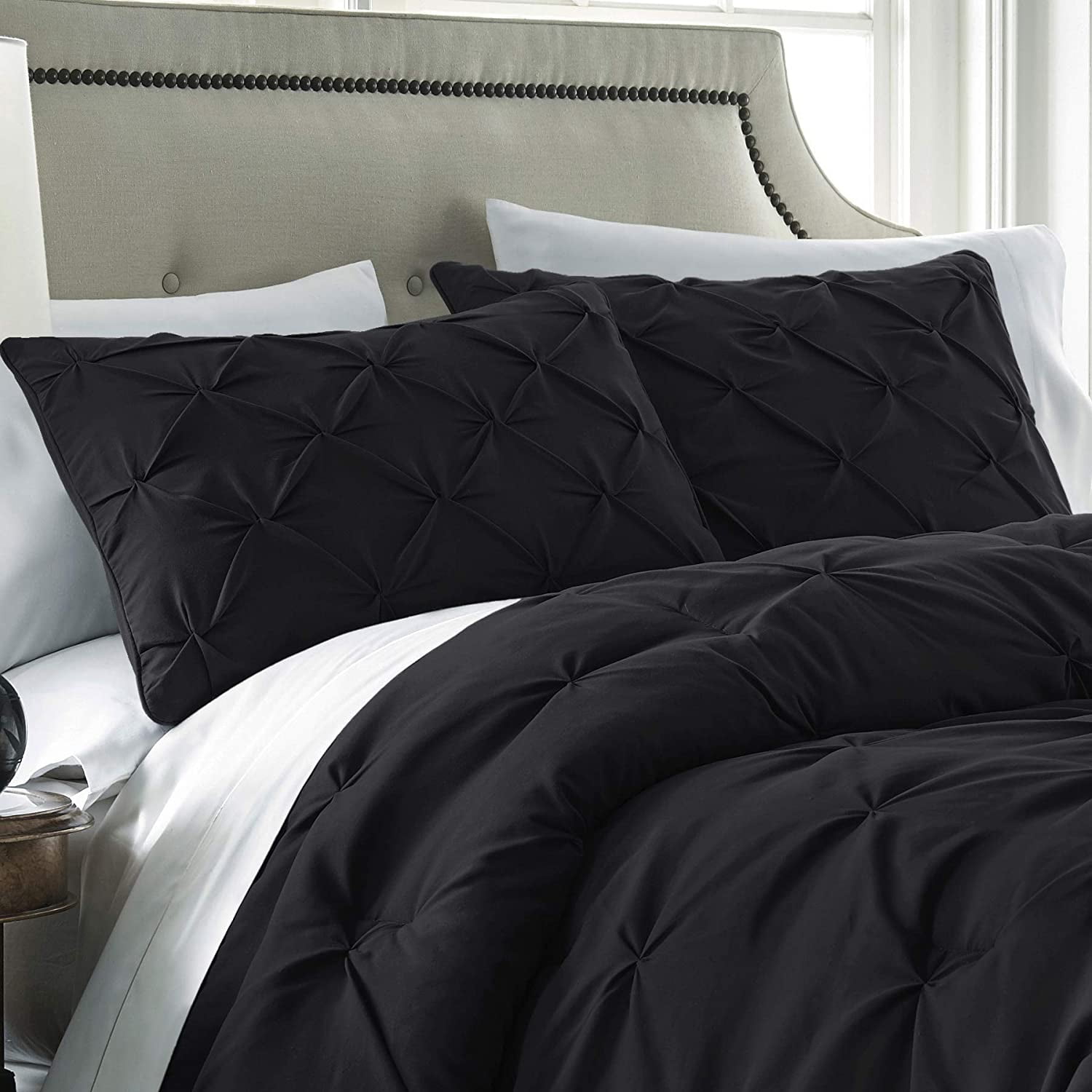 Chezmoi Collection Sydney 7-Piece Pinch Pleat Comforter Set, Lightweight Pintuck Bedding for All Season, Extra Wide King, Black