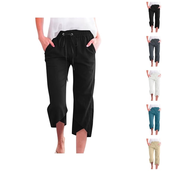 Capri Pants for Women 2025 Solid Color Linen Straight Leg Casual Loose Capris with Pockets Womens Cropped Pants