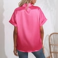 thumbnail image 3 of Blusa de seda satinada para mujer, camisa informal con botones de un solo pecho, manga corta, cuello vuelto, color rojo rosa L, 3 of 5
