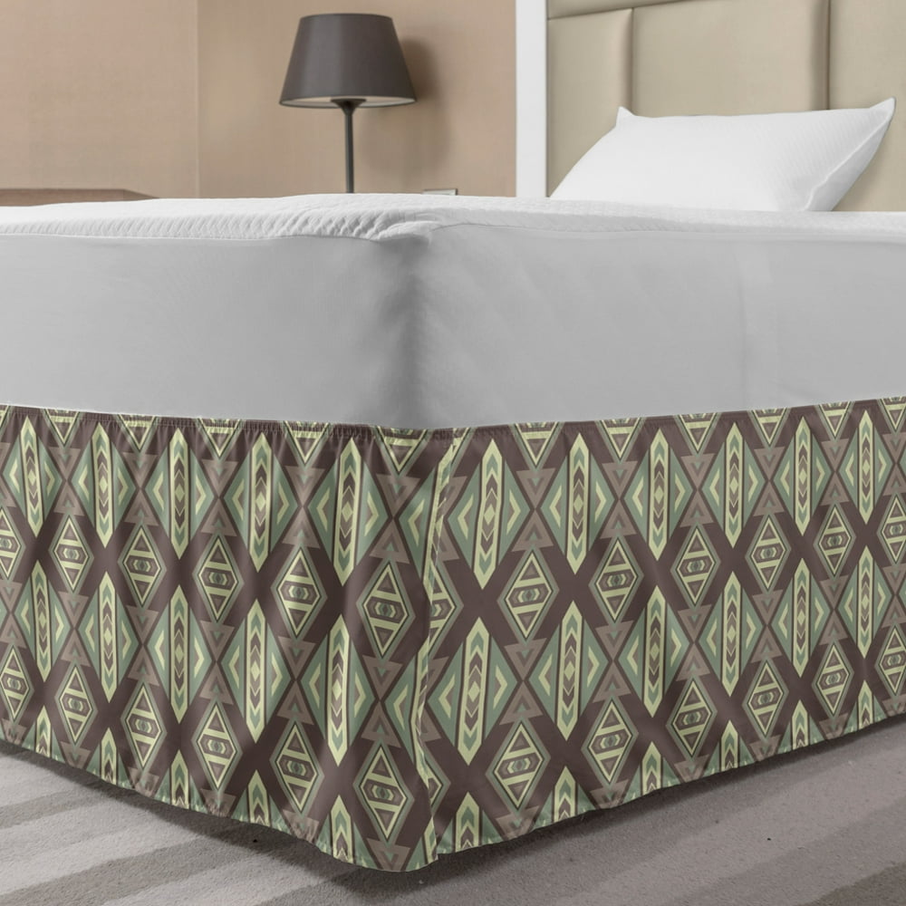 Boho Bed Skirt, Geometric Pattern, Elastic Bedskirt Dust Ruffle Wrap