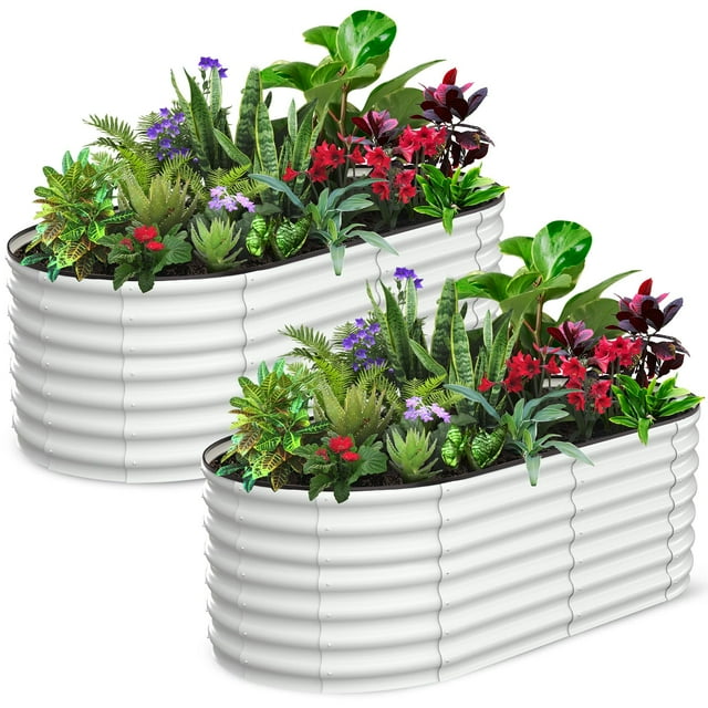 2-Pack 6x3x2FT Beige Oval Galvanized Steel Raised Garden Beds for Outdoor - Large Planter Boxes with Open Base, Safety Edge, Tool-Open Assembly, Weather Resistant