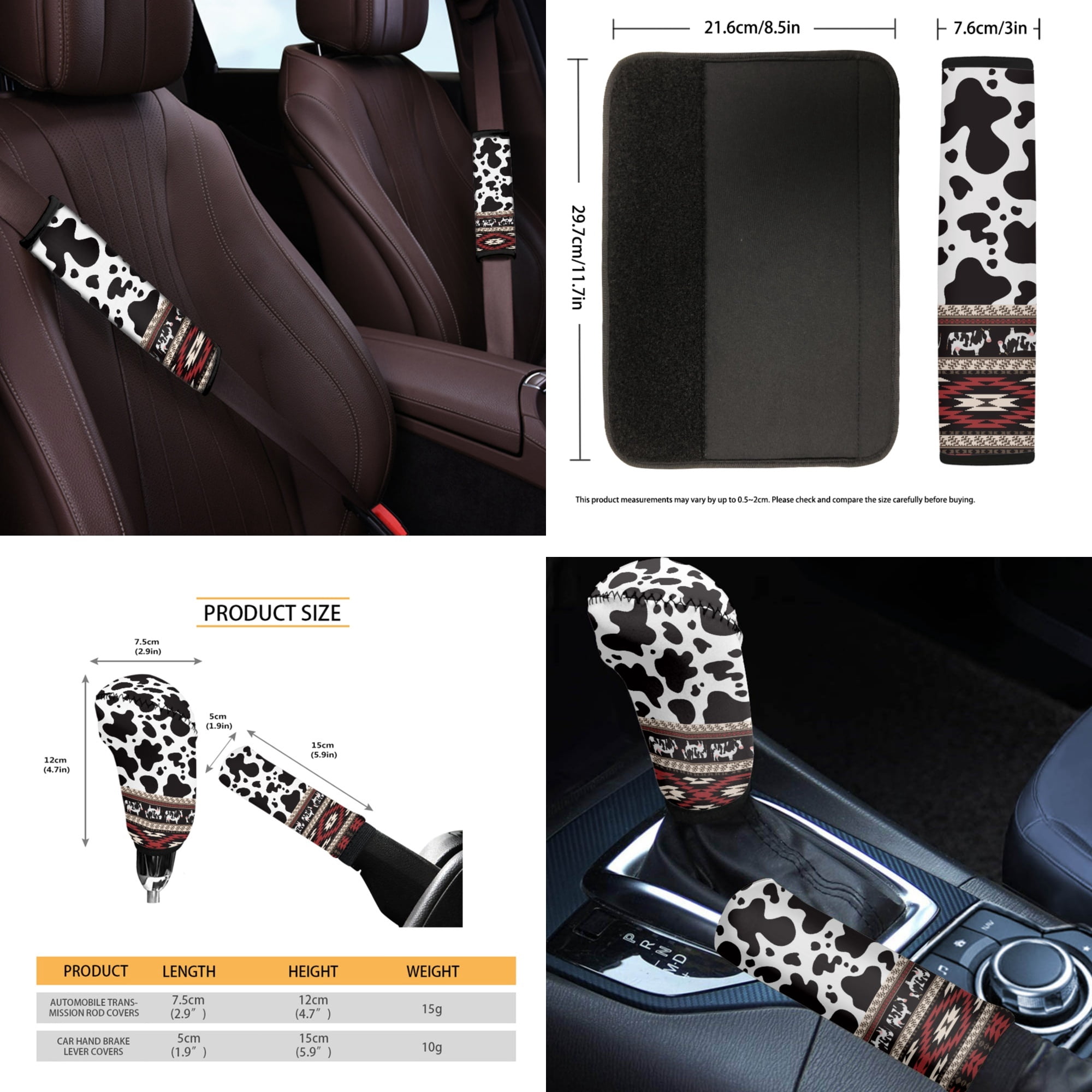 Yuyamidu Red Aztec Car Seat Covers Full Set with Steering Wheel Cover Safe Belt Pads Handbrake Cover Cup Mat Garbage Bin Rearview Mirror Cover Center Console Cover 14 PCS Cow Print Auto Accessories