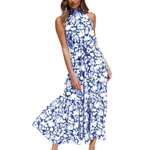 Women's Sleeveless Halter Neck Boho Floral Print Backless Flowy Beach Long Maxi Belted Dresses with Pockets