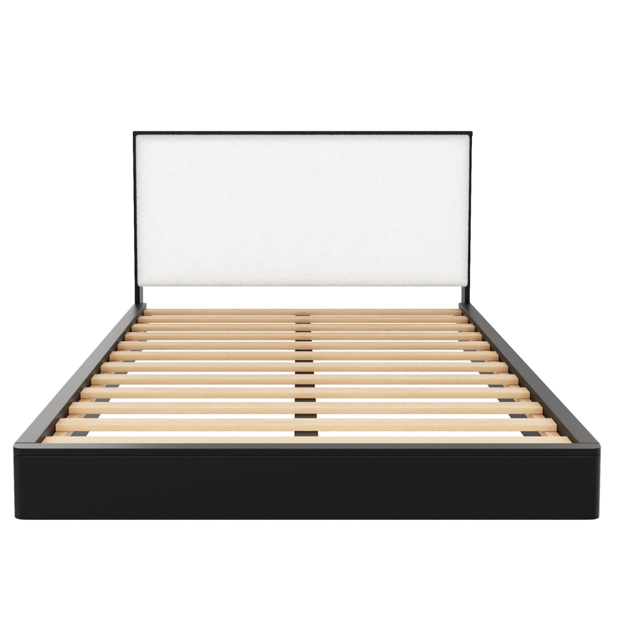 Euroco Wood Queen Size Platform Bed with Bouclé Upholstered Headboard, No Box Spring Needed, Black