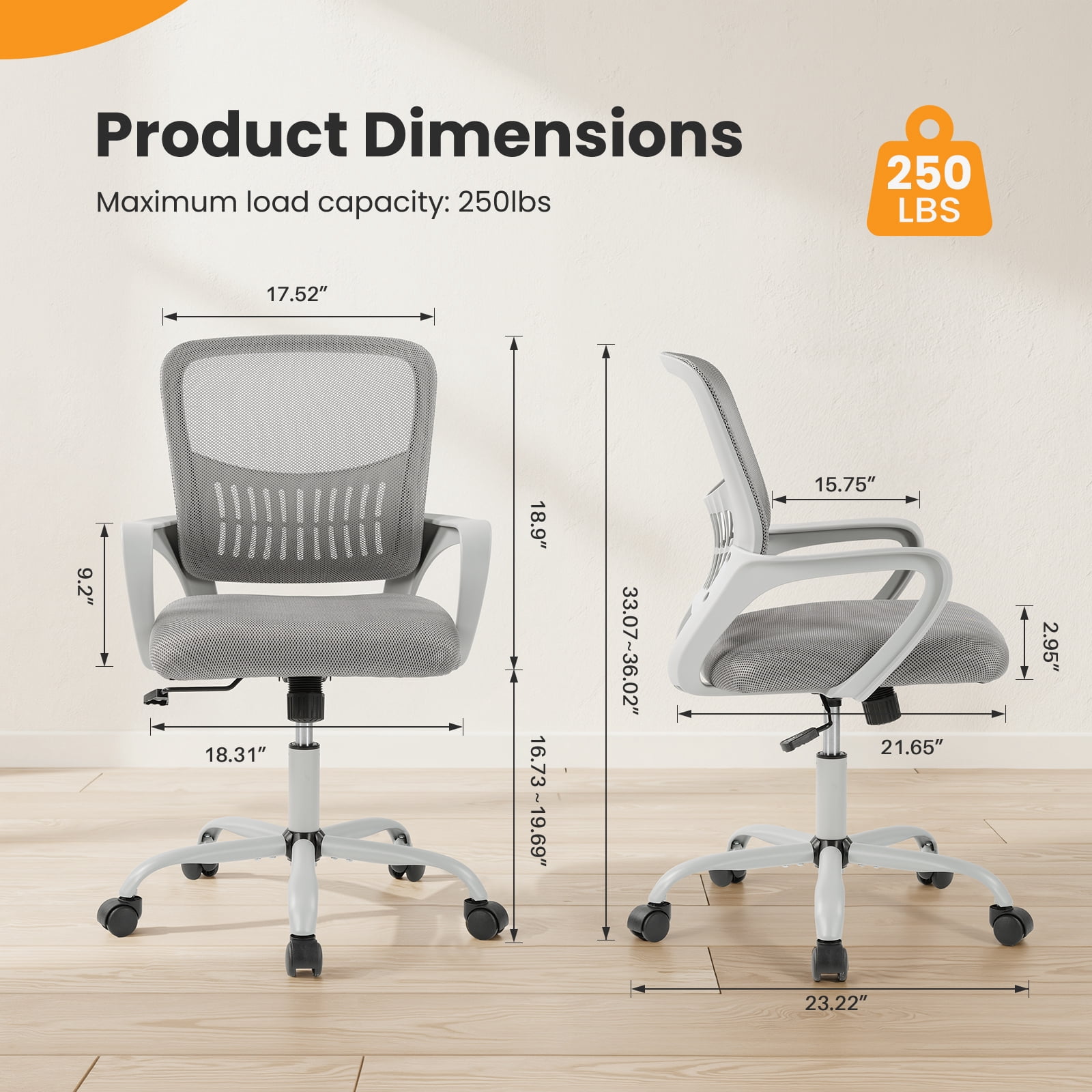 Gianna Ergonomic Mesh Office Chair with Fixed Armrests, Lumbar Support, and Mid-Back Design for Home & Desk Use with Smooth-Rolling Wheels, Gray