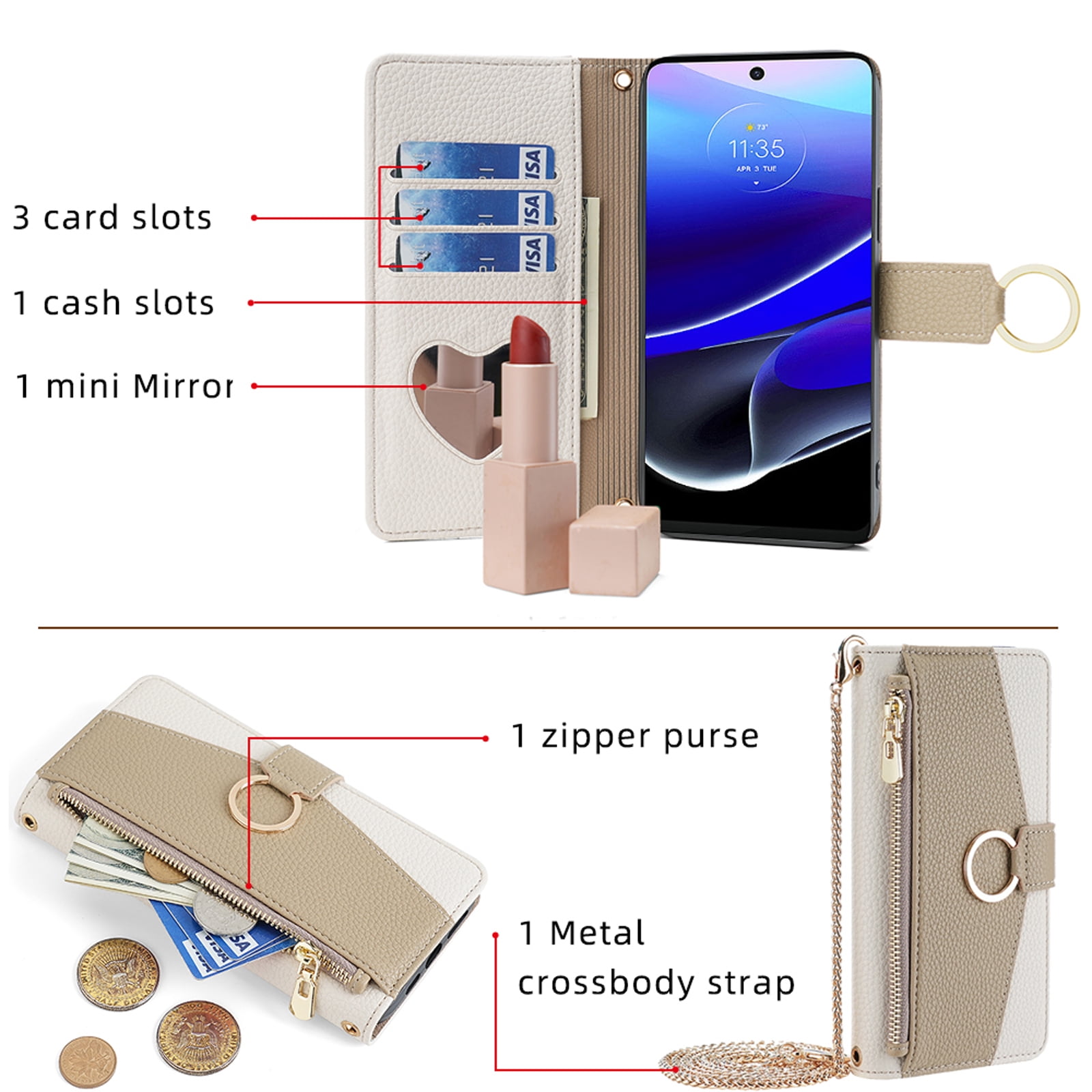 Phone Case for Samsung Galaxy S26 Ultra Zipper Wallet Cover with Make-up Mirror, Flip Cover PU Leather Ring Card Holder Kickstand Crossbody Strap Chain Cell Phone Case Cover for S26 Ultra, White