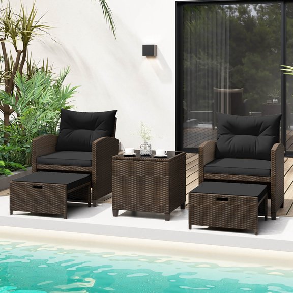 Costway 5 Piece Patio Rattan Furniture with 2 Ottomans & Tempered Glass Coffee Table Black