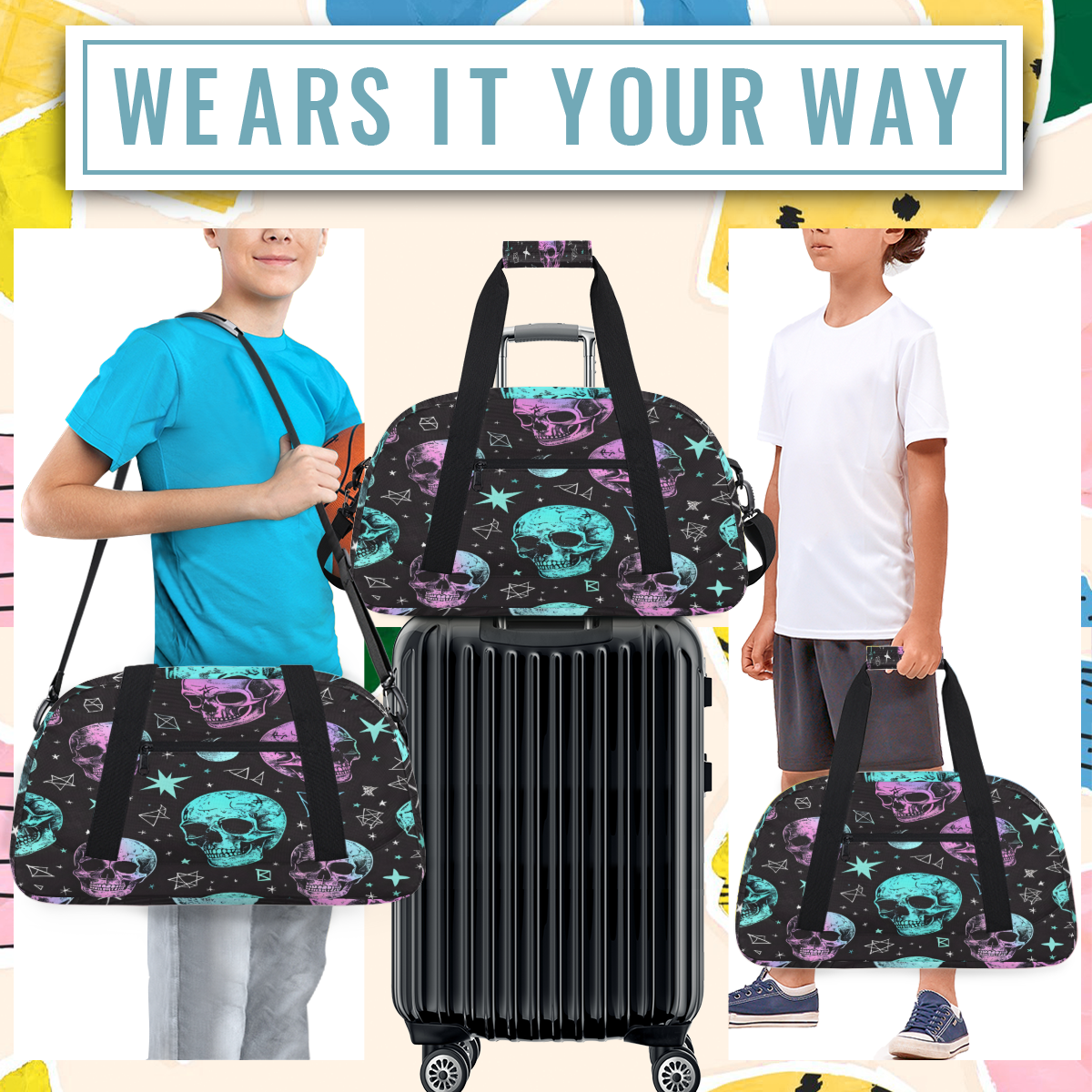 Herdesigns Skull Sports Duffle Bag for Women & Men, Skeleton Gym Bag Dance Bag Overnight Bag Carry On Weekender Travel Bag