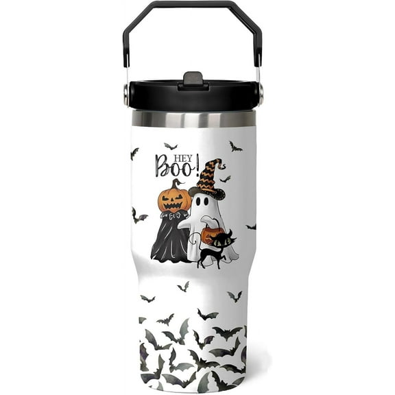 Ghost Pumpkin Halloween Cup 30 Oz Tumbler with Handle and Flip Straw, Halloween Tumbler Keeps Drinks Cold & Hot, Stainless Steel Halloween Coffee Mug Halloween Themed Halloween Gifts For Women