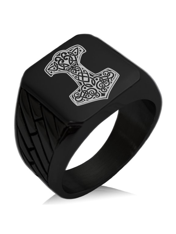 Stainless Steel Thor's Hammer Mjolnir Knot Viking Norse Geometric Pattern Biker Style Polished Ring