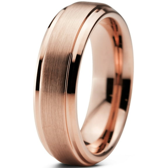 Charming Jewelers Tungsten Wedding Band Ring 6mm for Men Women Comfort Fit 18K Rose Gold Plated Beveled Edge Brushed Polished Lifetime Guarantee Size 4