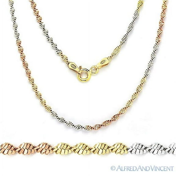 2mm Magic-Flex Twist-Link Italian Chain Necklace in 3-Tone .925 Sterling Silver w/ 14k RG, 14k YG, & Rhodium