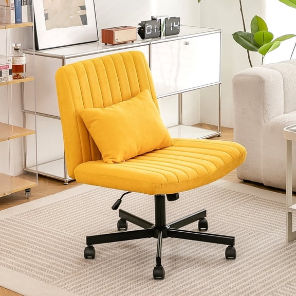 Nmkwnr Adjustable Armless Office Chair with Wheels, Linen Swivel Task Chair for Living Room, Office, Yellow