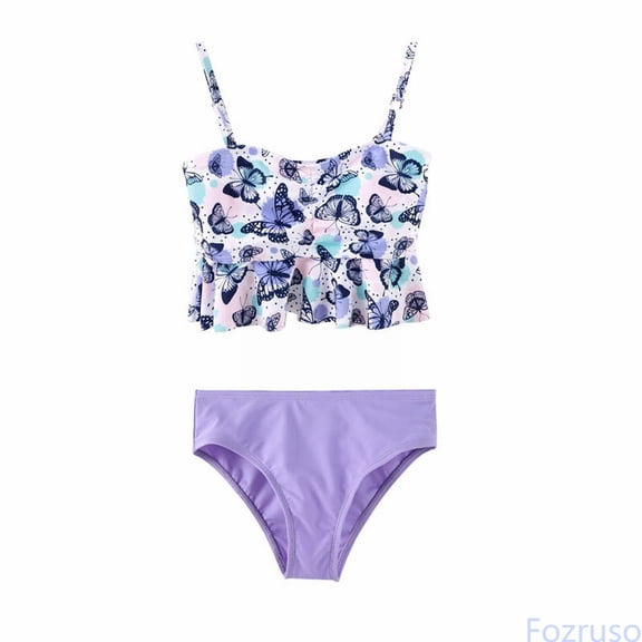 Fozruso Girl's Butterfly Print Suit Summer Suspender Pleated Top Shorts Suit 2 Piece 2 Piece Swimsuit Sizes 10-12 Years