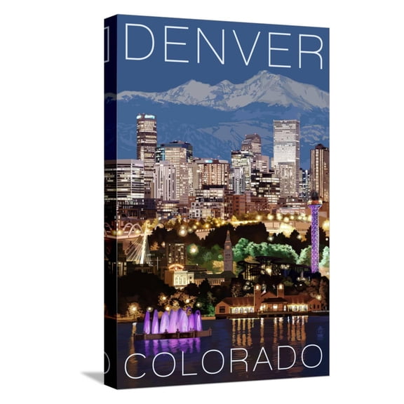 Art.com Denver, Colorado - Skyline at Night Stretched Canvas Print Wall Art by Lantern Press, 12" x 18"