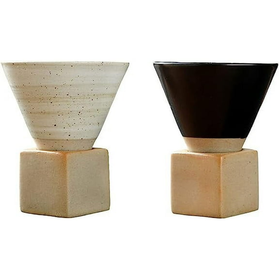 Nvzi Coarse Pottery Coffee Mug with Base, 200ml Creative Triangular Cone Shape Porcelain Mug, Ceramic Tea Cup for Coffee Tea Latte Milkshake Yogurt (white black)