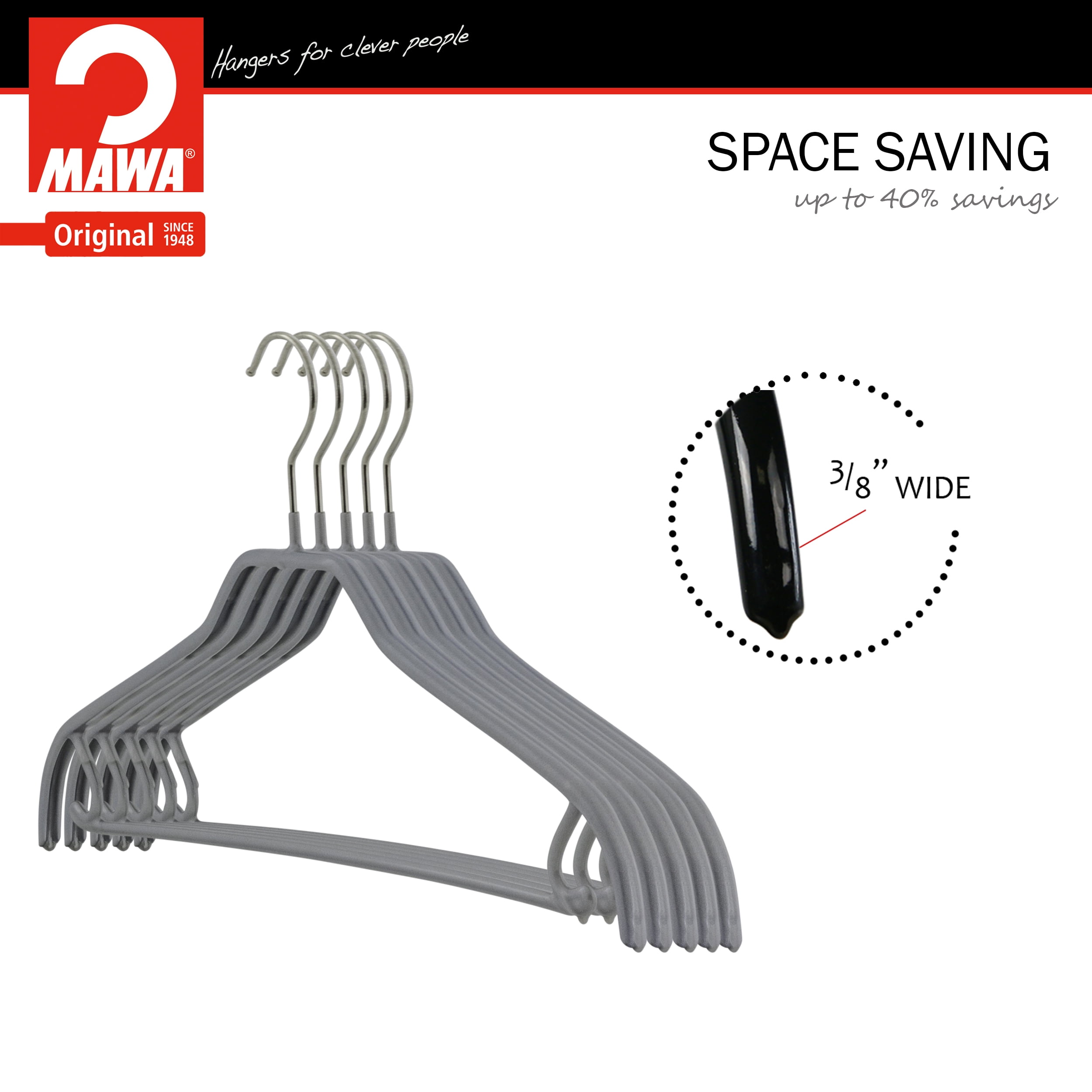 Mawa by Reston Lloyd Silhouette Series Non-Slip Space Saving Hanger with Pant Bar/Skirt Hook, Style 41/FRS, Set of 5, Silver