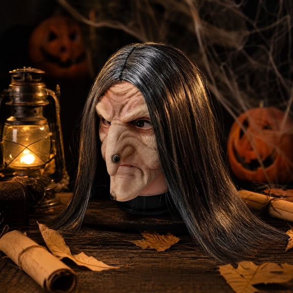 Halloween Witch Mask With Wig Realistic Flesh Colored Face Headpiece Costume Accessory For Party Cosplay Trick Or Treat Decoration