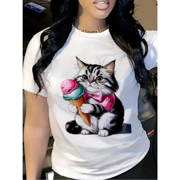 Women Cotton Tee Bohemian Cat Ice Graphic T-Shirt Top Round Neck Casual Summer Comfortable S-5XL