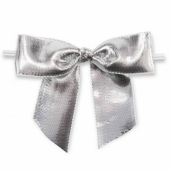 Weststone 50pcs Metallic Silver Bows 3 1/2" Span x 2" Tail, Ribbon Width 1", Pre-Tied Bows or Self-Adhesive Bows