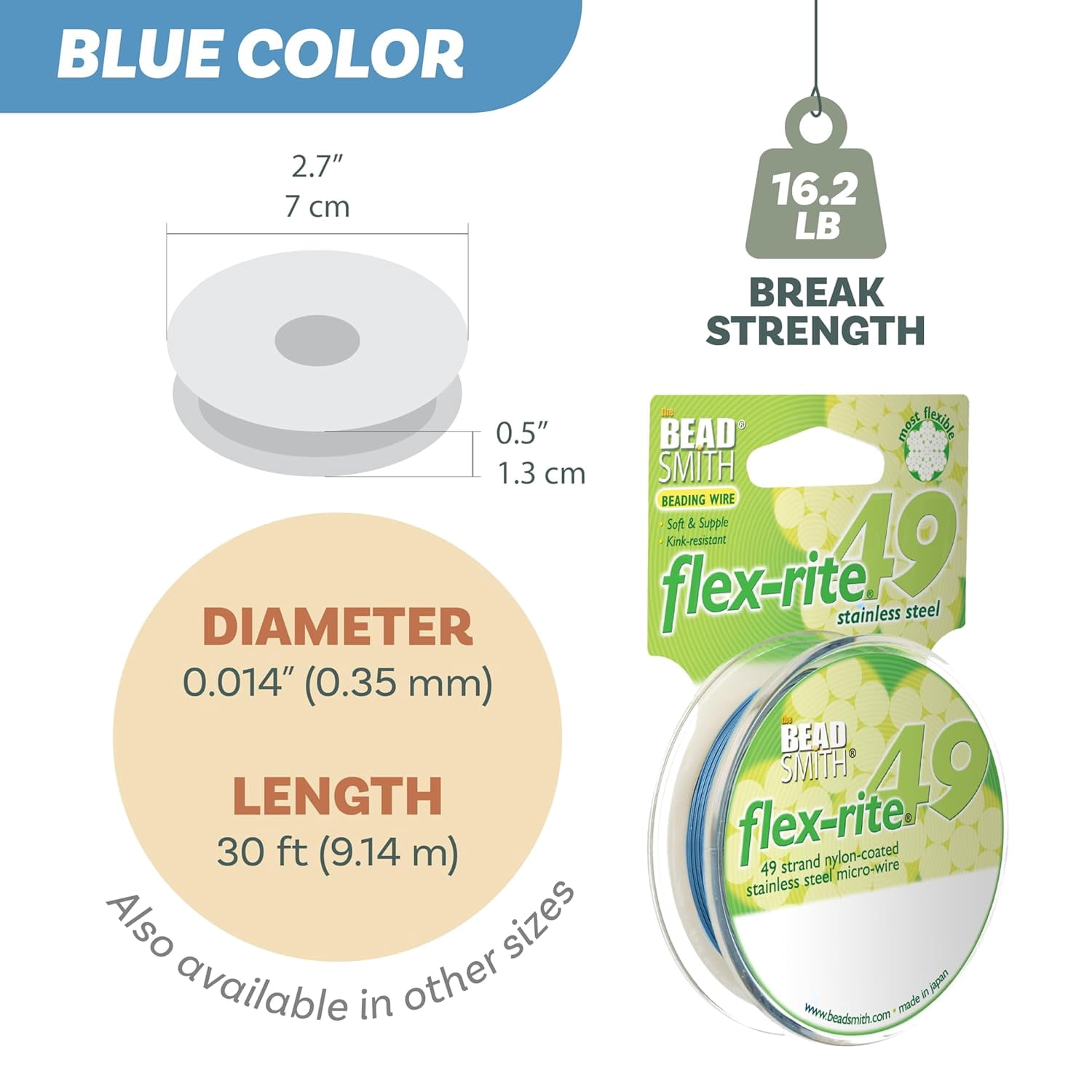The Beadsmith Flex-Rite Beading Wire - 49-Strand, 0.014" (0.35 mm) Dia, Blue, 30 ft