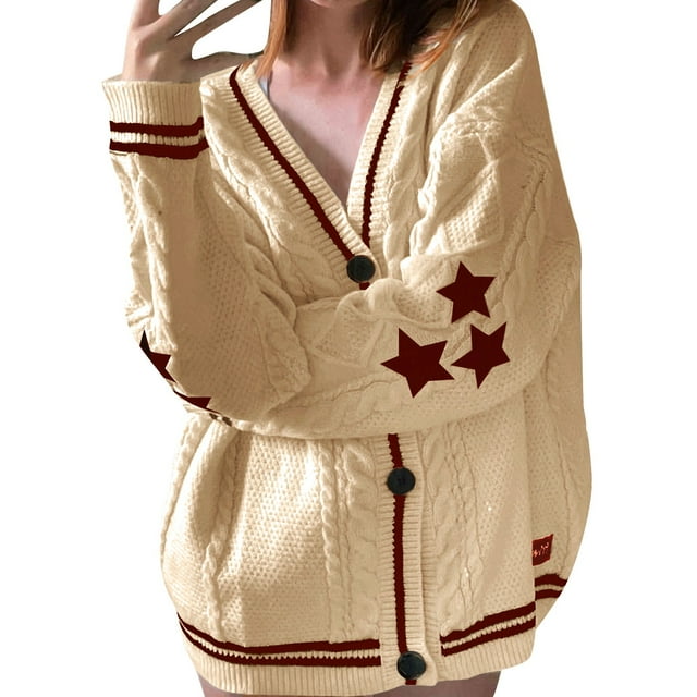 Pulls à Coutures Ouvertes pour Cardigan Étoile Esthétique Pull Tricoté Tendance Manches Longues Boutonné Col Rond Cardigans (S-TG, Rouge)