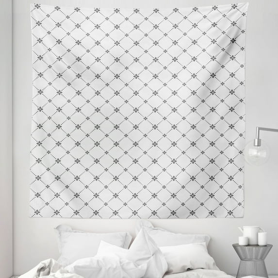 Geometric Tapestry, Repeating Dotted Rhombuses and Flowers Modern Art Texture Pattern Print, Fabric Wall Hanging Decor for Bedroom Living Room Dorm, 5 Sizes, Grey and White, by Ambesonne