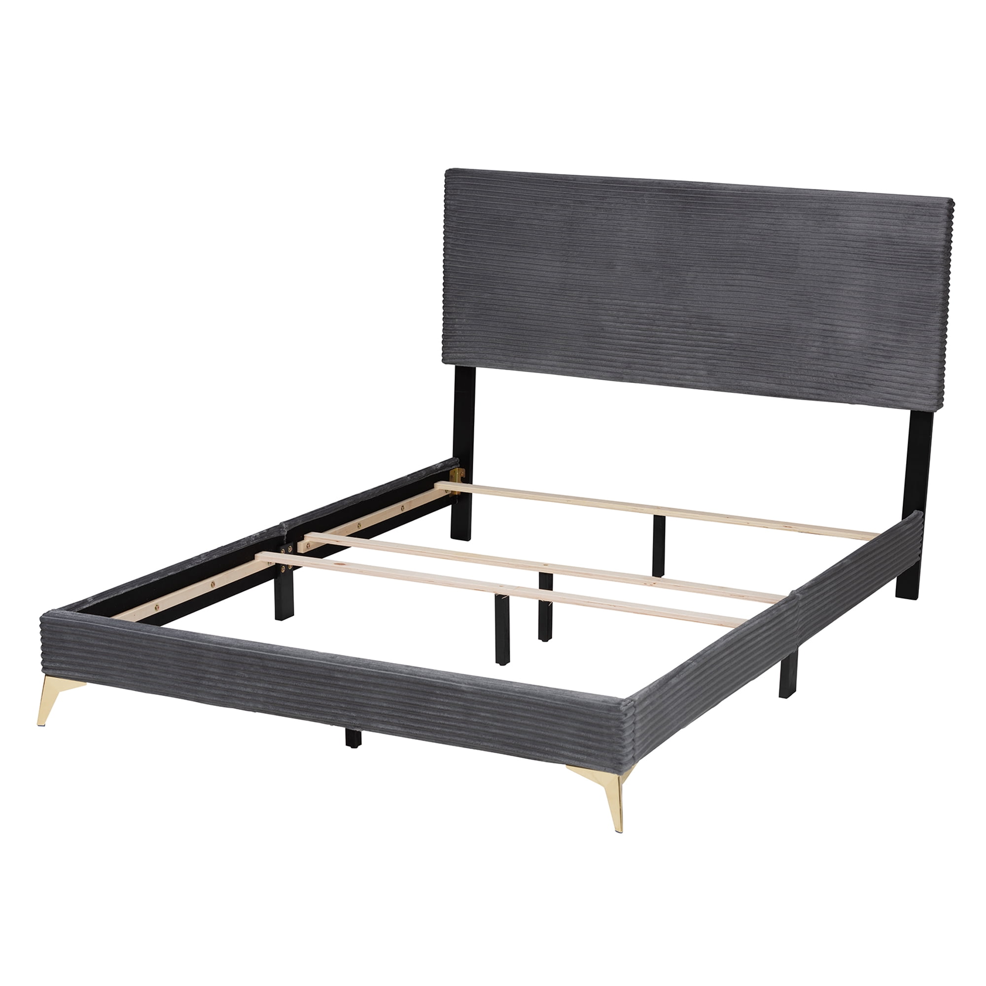 Baxton Studio Abberton Modern and Contemporary Grey Velvet and Gold Metal Queen Size Panel Bed