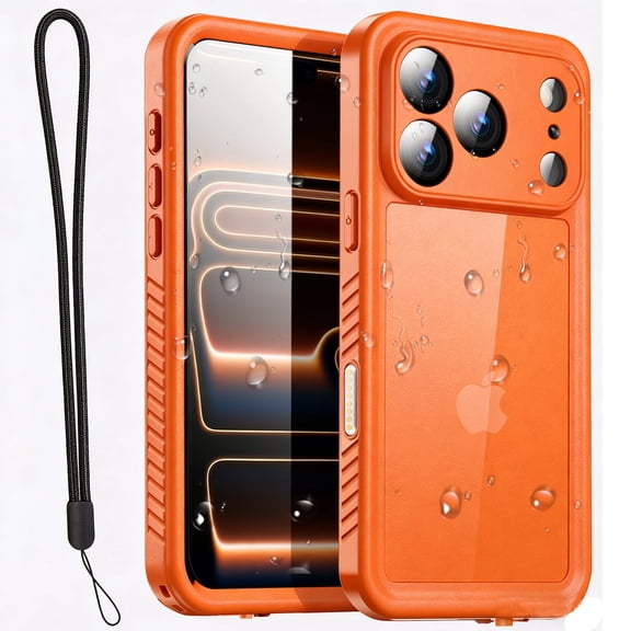 AICase Compatible with iPhone 17 Pro Case,Waterproof Built-in Screen & Camera Protector IP68 Underwater Full Body 17FT Military Dropproof Shockproof Phone Case 6.3"-Orange/Clear