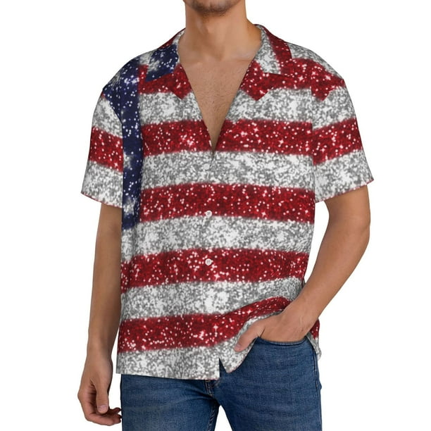Balery America Flag Glitter Camisa Casual de Manga Corta con Botones para Hombre, Texturizada, Estilo Cubano, para Playa, Verano-3X-Large