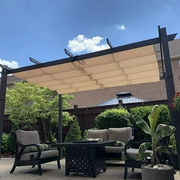 PURPLE LEAF Pergola 10 Pieds X 10 Pieds Pergola Extérieure Rétractable avec Auvent Pare-Soleil pour Patio, Treillis Métallique pour Vigne, Abri de Gril, Pergola pour Porche, Jardin, Cour, Beige