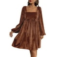 thumbnail image 2 of Women'S Loose Fit Square Neck Long Sleeve Velvet Mini Babydoll Dresses Shift Dress Brown M, 2 of 9