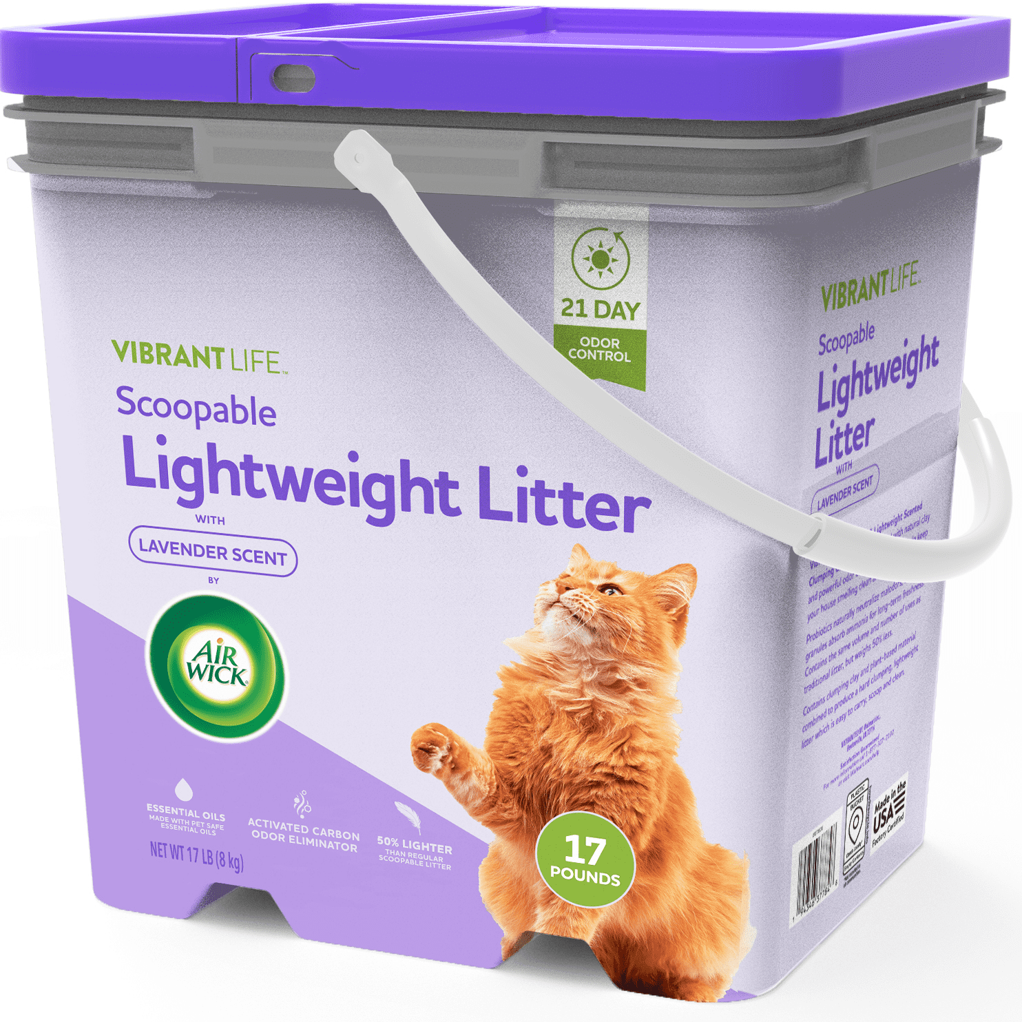 Vibrant Life Scoopable Lightweight Clumping Cat Litter with Air Wick Lavender Scent and Activated Carbon, Up to 21 Days Odor Control, 17 lb Pail