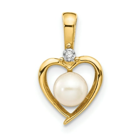 - 14K Yellow Gold Diamond and Pearl June Birthstone Heart Charm Pendant