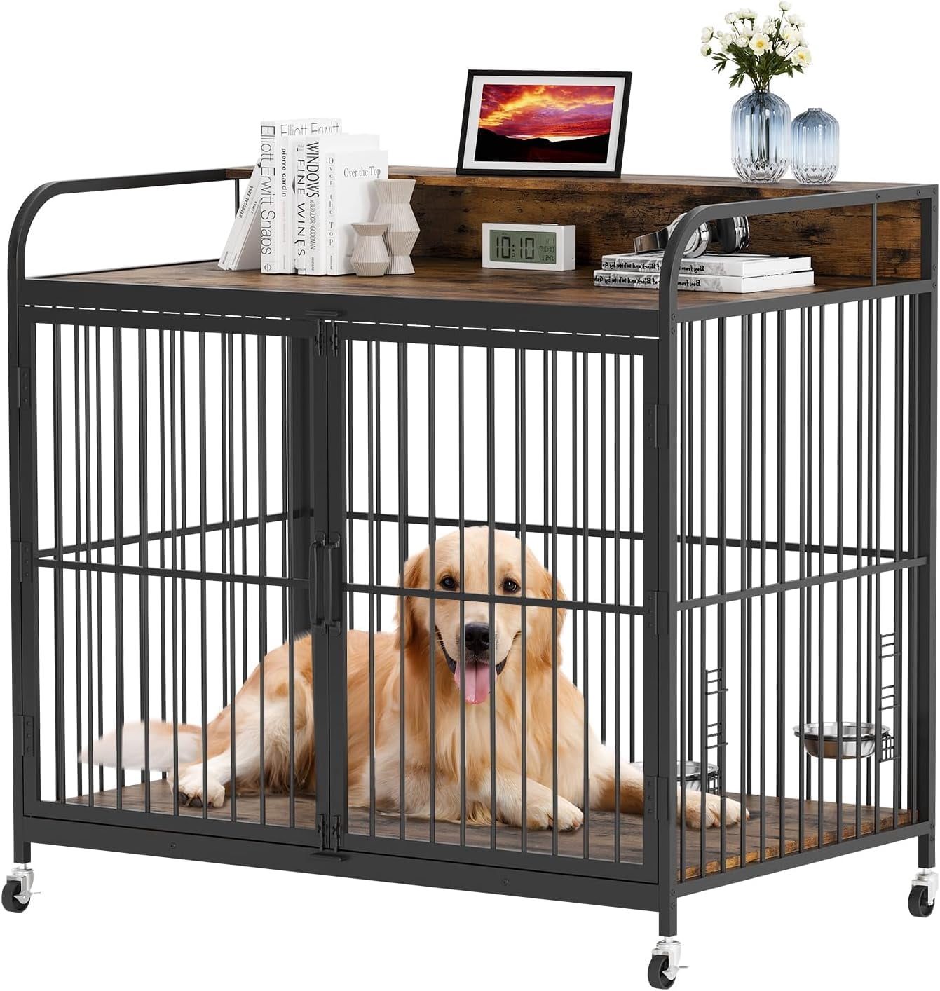 Yeshouse Portable Dog Crate Furniture - Movable Wooden Dog Kennel with Adjustable Feeder and Side Table Function