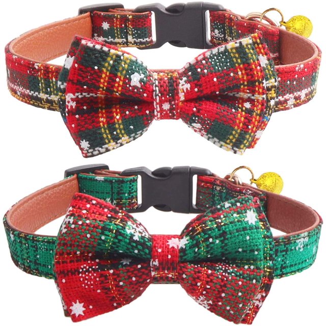 2 paquetes/juego de collares de perro de copo de nieve de Navidad, collares de perro ajustables con pajarita y campanas para mascotas pequeñas/medianas/grandes, rojo y verde Xemadio HZ-057-2