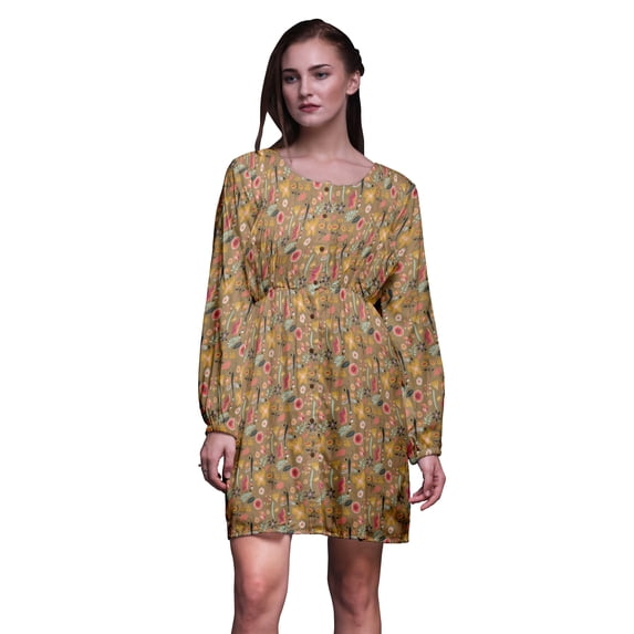 Bimba Brown Artistic Dragonfly & Floral Printed Relaxed Fit Women Long Sleeve Button Down Midi Dress-XXX-Large