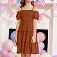 thumbnail image 6 of CCRFTGI Summer Dresses for Child Girls Size 10-12 Casual Dress Off Shoulder Pleated Square Neck Ruffle Smocked Floral Princess Party A-Line Dress Light Brown 3-4 Years, 6 of 8