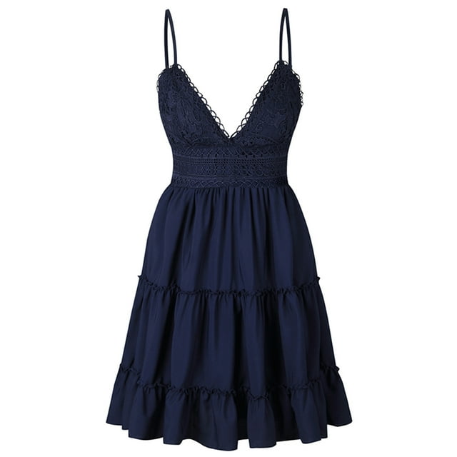 CAROOTU Lace Slip Dress Piecing Backless Bowknot V Neck Spaghetti Strap Above Knee Length Dress