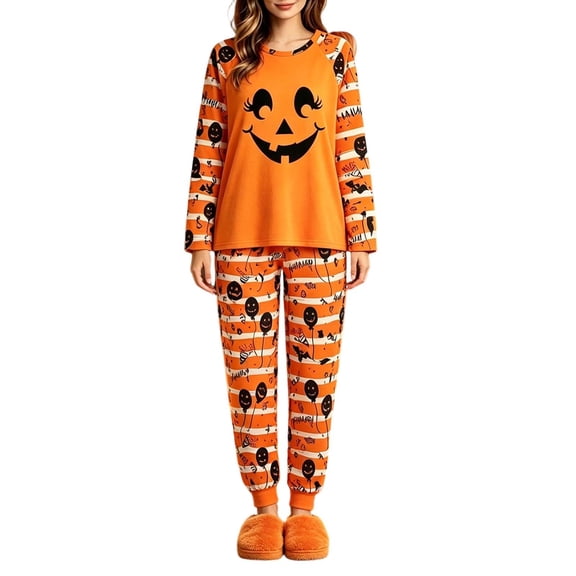 Enjoytime Halloween Pajamas for Women Pumpkin Print Casual Matching Sleepwear Long Sleeve Top Striped Pants 2 Piece Lounge Set