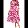 thumbnail image 2 of Vestidos de Verano para Mujer 2025, Informales, con Mangas Abullonadas, Cuello en V, Florales, Estilo Bohemio, Vestido . Rojo L, 2 of 9