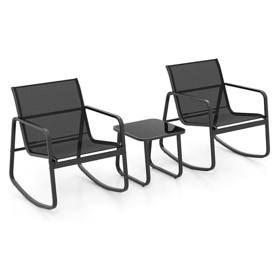Patio Rocking Bistro Set - 3 Piece Outdoor Furniture - Rocking Chairs with Glass Table - Small Space Set for Porch, Yard, Balcony