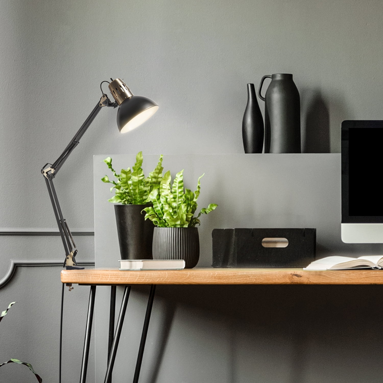 32" Matte Black Multi-Joint Desk Lamp with Metal Clamp Base and Antique Brass Accents