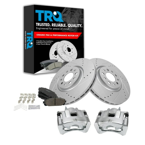 TRQ Performance Brake Pad & Rotor Kit Brake Caliper Brake Pads Brake Rotors Set Ceramic Vented Premium G-Coated Fits Select 2016-2019 Jeep Cherokee