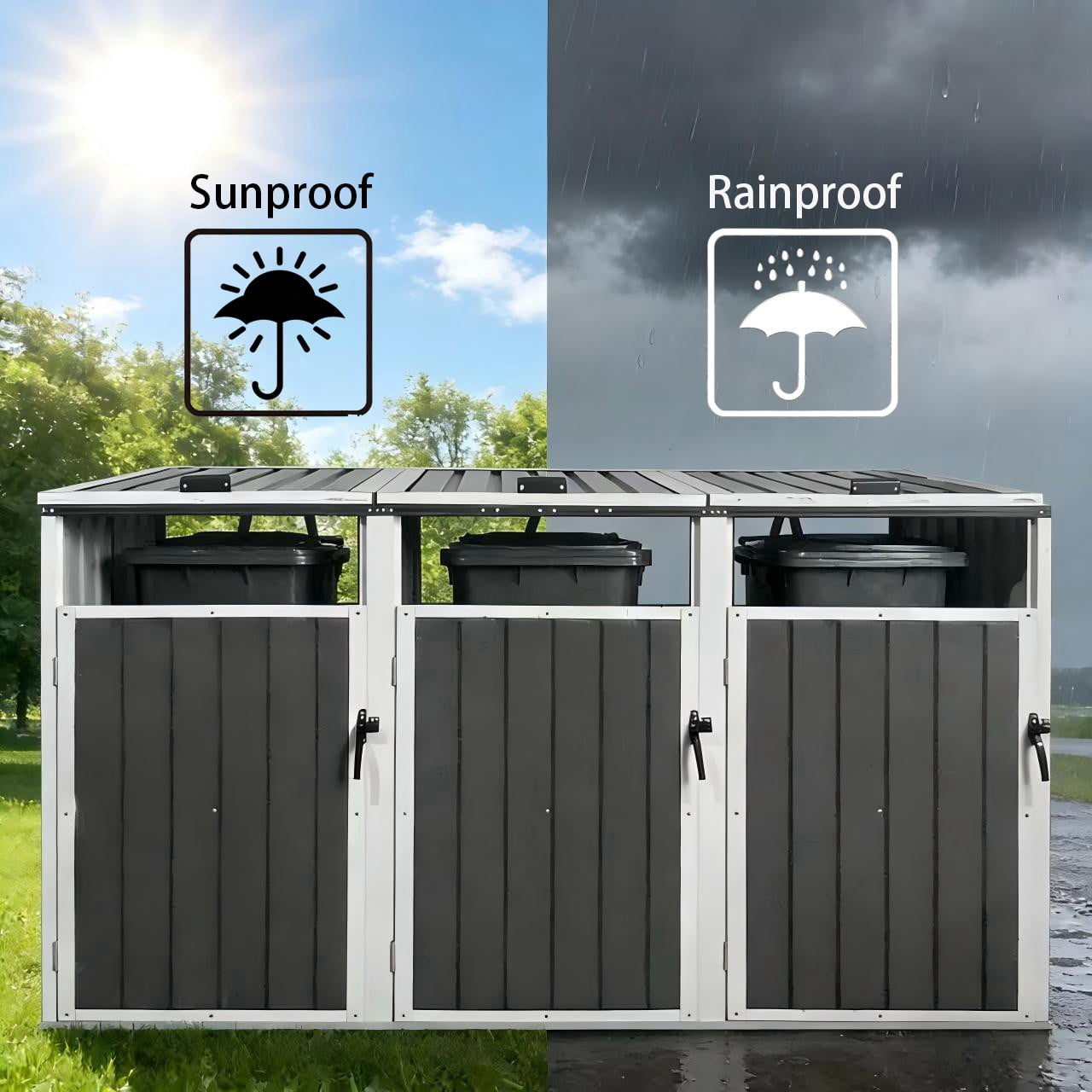 Aukfa 7.3' W Outdoor Garbage Bin Storage, Metal Storage Shed for 3 Trash Cans Tools, Waterproof Trash Can Storage, Gray