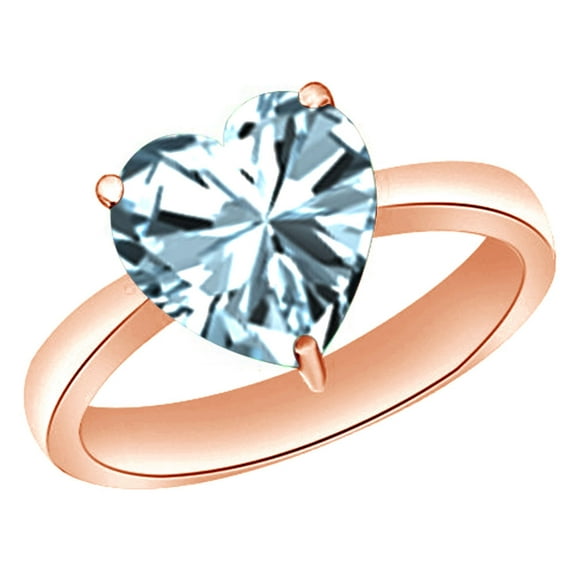 Heart-Cut Simulated Blue Aquamarine March Birthstone Solitaire Ring In 14K Rose Gold Over Sterling Silver (5 Cttw)